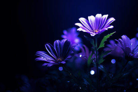 purple flowers with water droplets on them in the darkの素材
