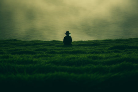 silhouette of a man in a hat standing in the middle of a fieldの素材