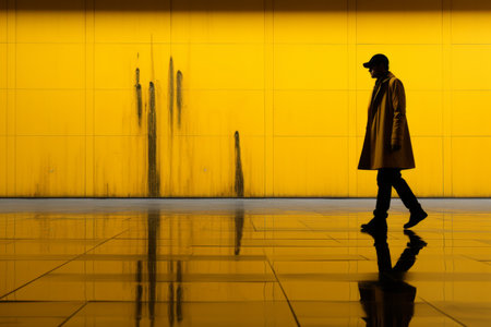 silhouette of a man walking in front of a yellow wallの素材