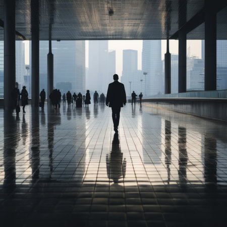 silhouette of a man walking in a cityの素材