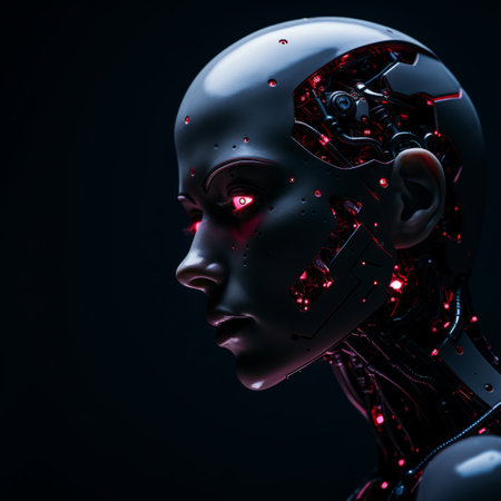 the face of a robot with glowing red eyesの素材
