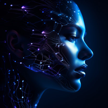 the face of a woman with glowing lines on her faceの素材