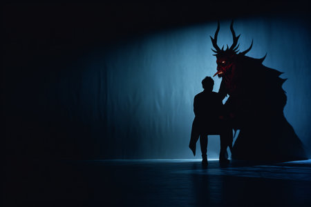 silhouette of a man standing in front of a dragonの素材