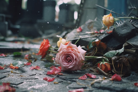 roses on the ground in a cemeteryの素材
