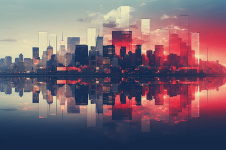 the city skyline is reflected in the waterの素材
