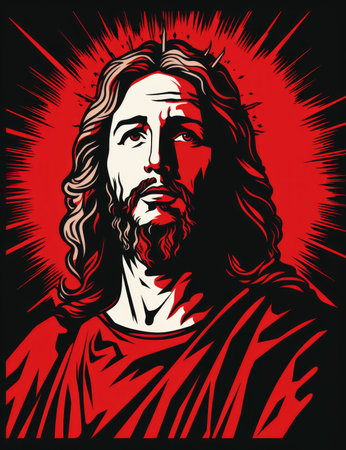 the face of jesus is shown on a red and black backgroundの素材