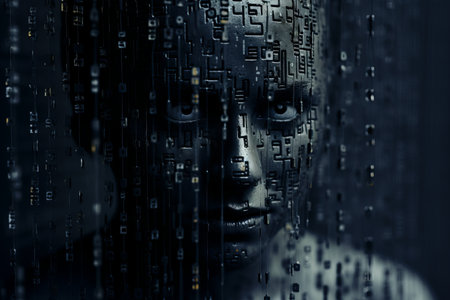 the face of a woman is surrounded by binary codeの素材