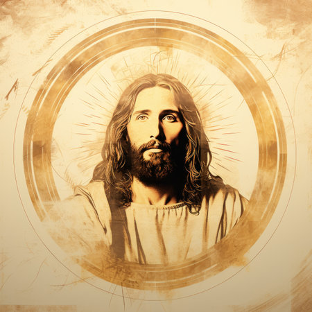 the face of jesus is shown in a circle on a grunge backgroundの素材