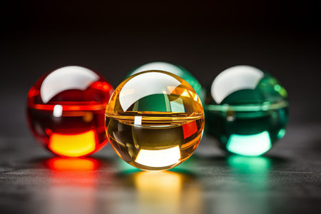 three colorful glass spheres on a black surfaceの素材