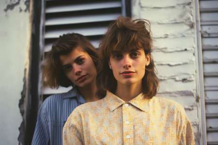 two young women standing in front of an old buildingの素材