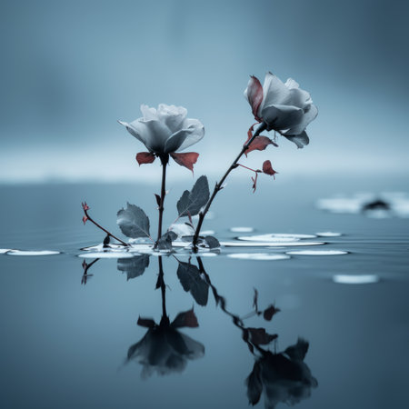 two white roses are floating in the waterの素材