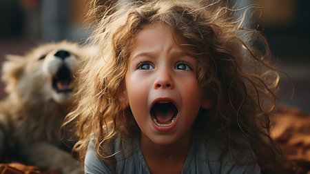 a little girl with her mouth open and a stuffed animal behind herの素材