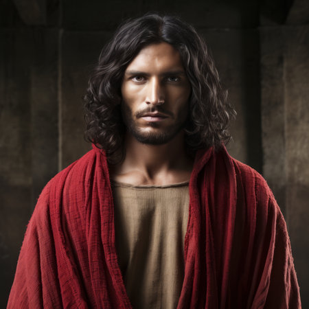 a man with long hair and a red robeの素材