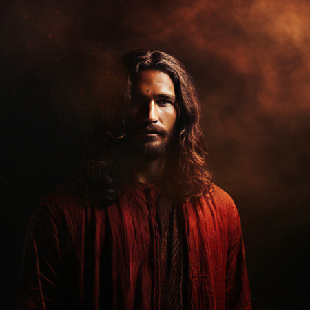 a man with long hair standing in front of a dark backgroundの素材