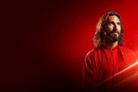 a man with long hair and a beard is standing in front of a red backgroundの素材