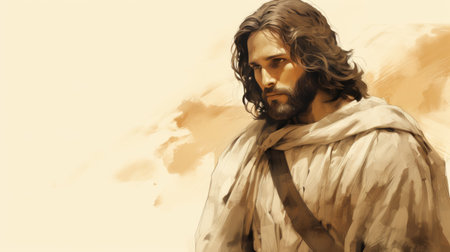 a painting of jesus with long hair and beardの素材
