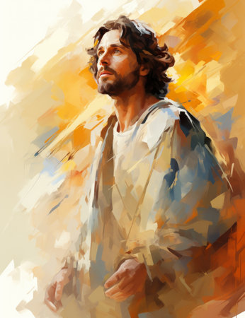 a painting of jesus with long hair and beardの素材