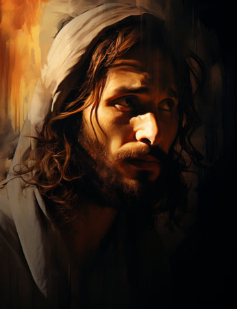a painting of jesus with long hair and beardの素材