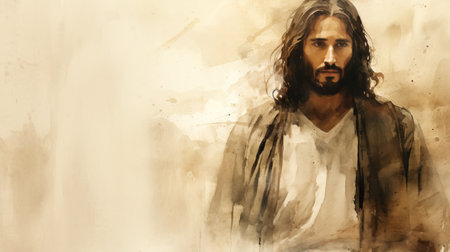 a painting of jesus standing in front of a brown backgroundの素材