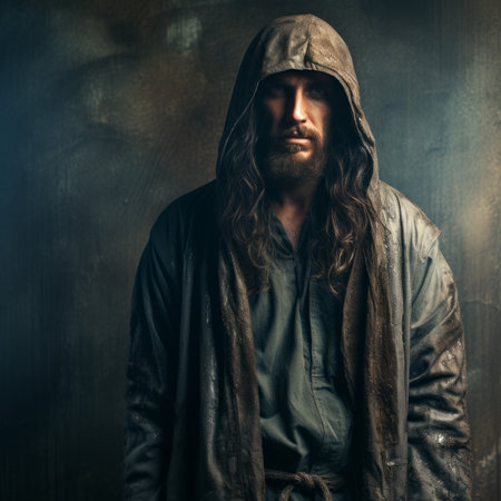 a man with long hair and beard wearing a hooded jacketの素材