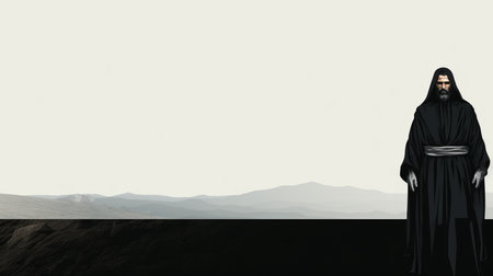 a man in a black robe standing in front of a mountainの素材