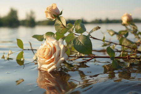 two white roses are floating in a body of waterの素材