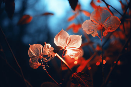 two red flowers in the dark with leaves in the backgroundの素材