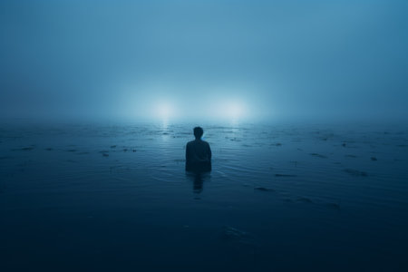 silhouette of a man standing in the water at nightの素材