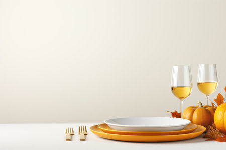 thanksgiving table setting with wine glasses and pumpkinsの素材