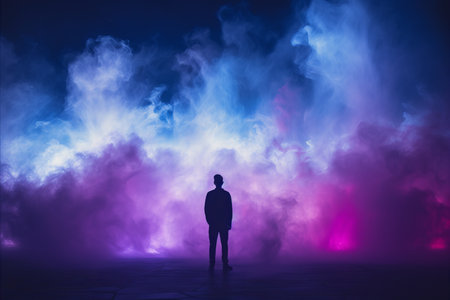 silhouette of a man standing in front of colorful smokeの素材