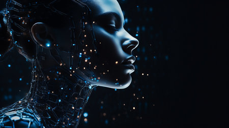 the face of a woman with glowing lines on her faceの素材