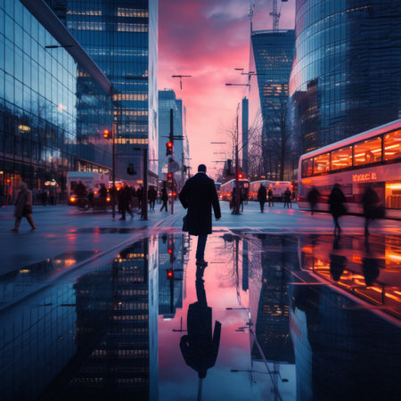 silhouette of a man walking across a city street at sunsetの素材