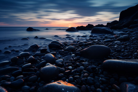 rocks on the beach at sunsetの素材