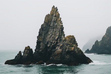 rock formations in the ocean on a foggy dayの素材