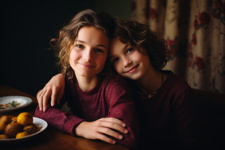 two young girls sitting at a table with plates of foodの素材