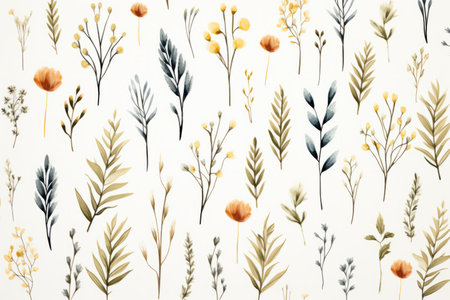 seamless pattern with watercolor flowers and leaves on a white backgroundの素材