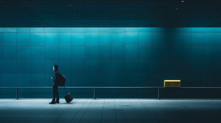 silhouette of a man with a suitcase in a dark roomの素材