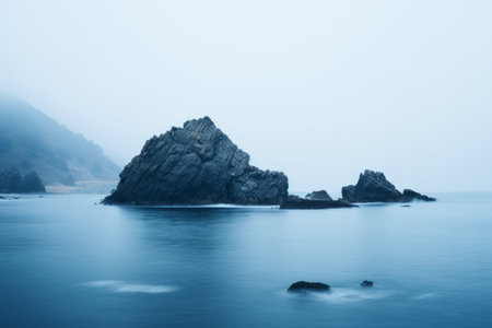 rock formations in the ocean on a foggy dayの素材