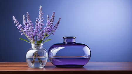 lavender flowers in a glass vase on a wooden tableの素材