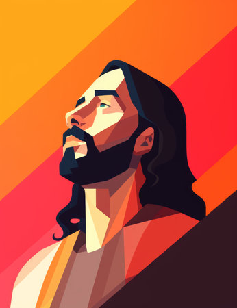 jesus with long hair and beard on a colorful backgroundの素材