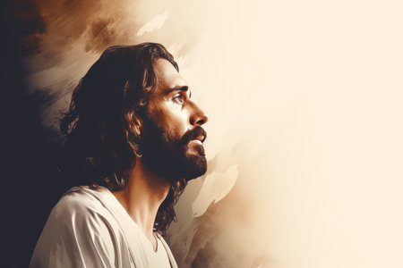 jesus with long hair and beard on a white backgroundの素材