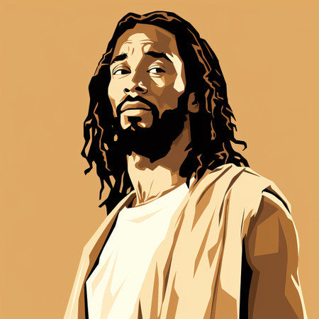 jesus with long hair and beard on a brown backgroundの素材