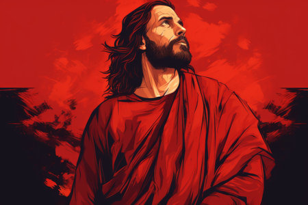 jesus with long hair and beard on a red backgroundの素材
