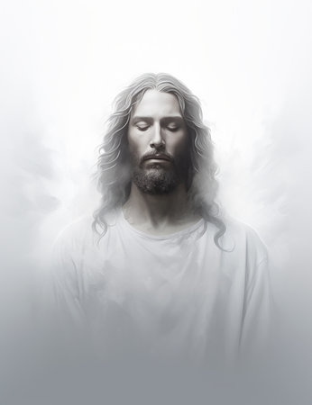 jesus with long hair and a white shirtの素材