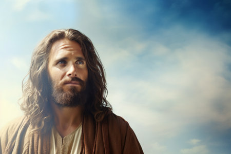 jesus with long hair and beard standing in front of a blue skyの素材