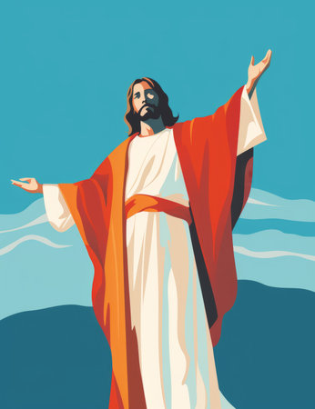 jesus standing on a hill with his arms outstretchedの素材