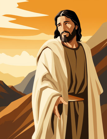 jesus standing in the desert with mountains in the backgroundの素材