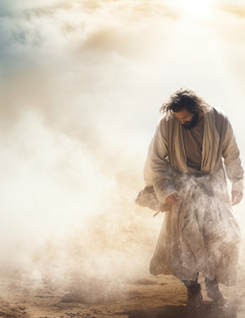 jesus walking in the desert with smoke coming out of his robeの素材