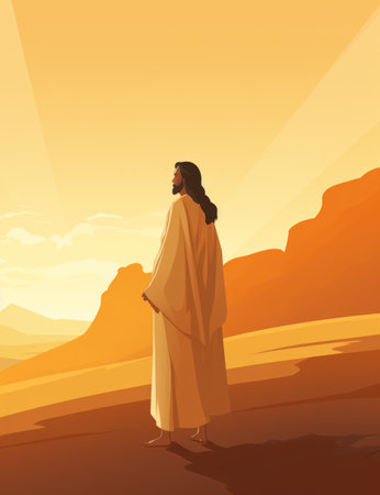 jesus walking in the desert at sunsetの素材