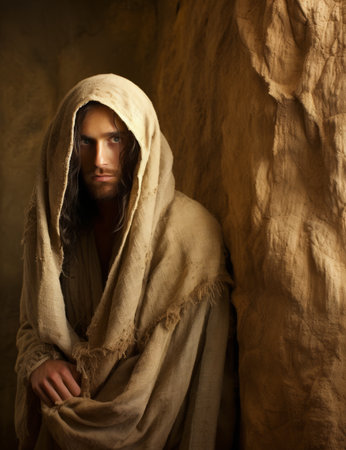jesus standing in the desert with his hood upの素材